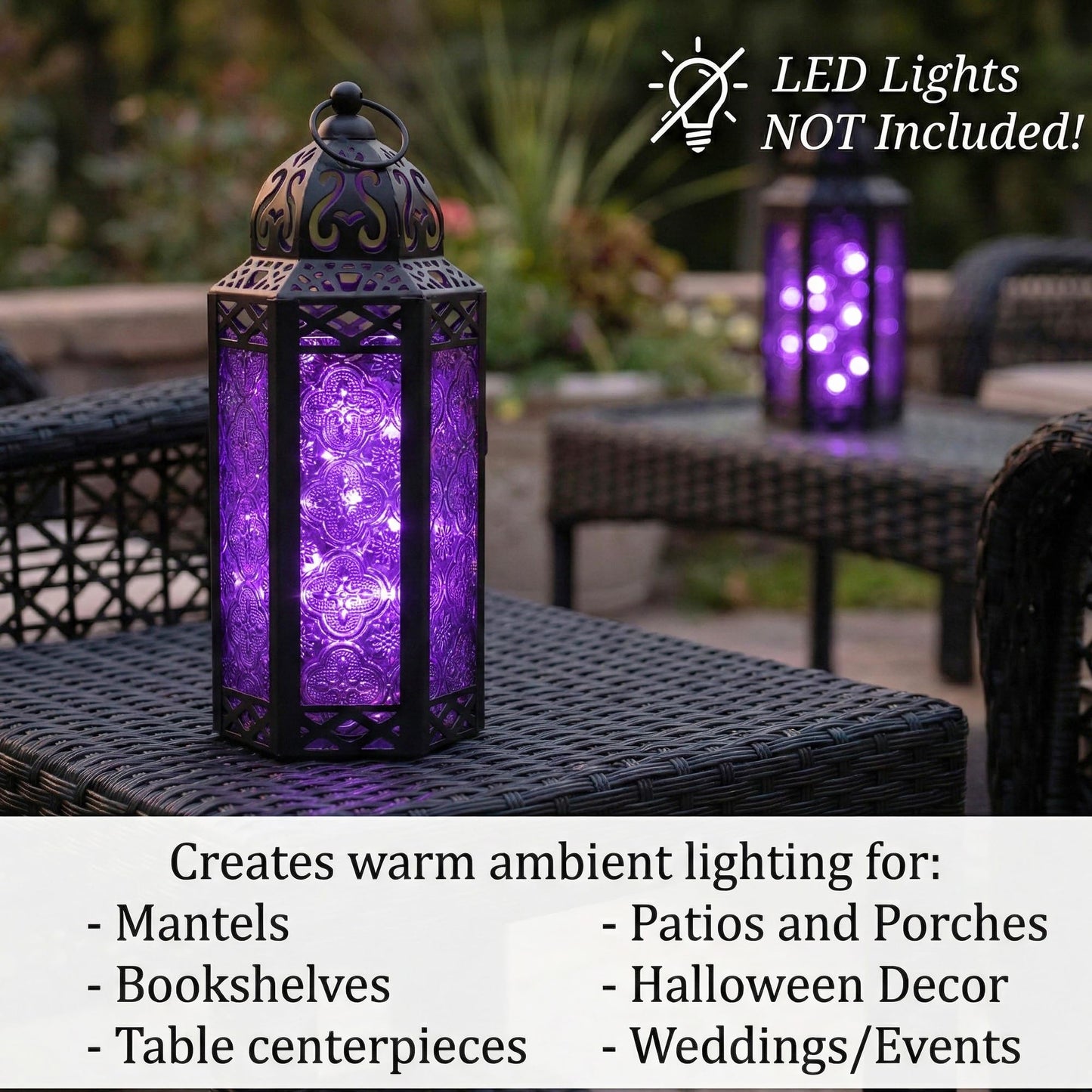 Black Metal Decorative Moroccan Lantern Candle Holder Lamp - Indoor/Outdoor, Home Decor, Patio, Weddings, Christmas - Purple Medium - PT04