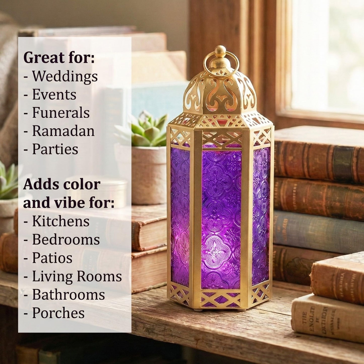 Gold Metal Decorative Moroccan Lantern Candle Holder Lamp - Indoor/Outdoor, Home Decor, Patio, Weddings, Christmas - Gold/Purple Medium - PT01