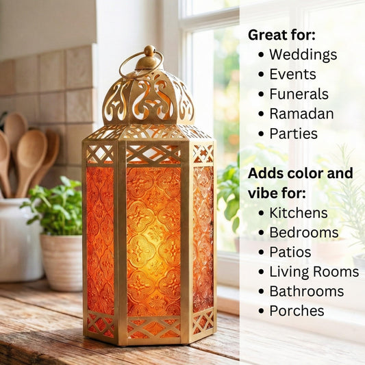 Gold Metal Decorative Moroccan Lantern Candle Holder Lamp - Indoor/Outdoor, Home Decor, Patio, Weddings, Christmas - Gold/Amber Large - PT01