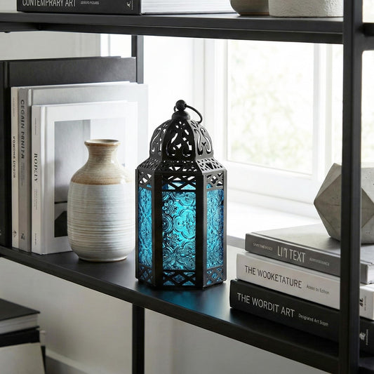 Black Metal Decorative Moroccan Lantern Candle Holder Lamp - Indoor/Outdoor, Home Decor, Patio, Weddings, Christmas - Blue Small - PT01