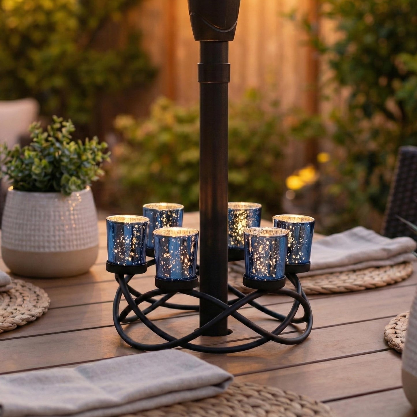 Iron Round Table Decor Centerpiece Decorations Candle Holder for Weddings, Outdoor Patio, Kitchen, Dining Room, and Coffee Tables, Glass Votive Tealight Holders - Black/Blue circular - PT04