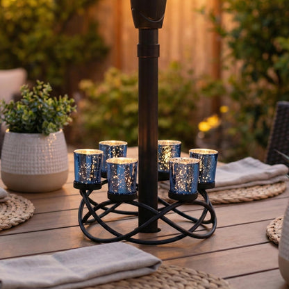 Iron Round Table Decor Centerpiece Decorations Candle Holder for Weddings, Outdoor Patio, Kitchen, Dining Room, and Coffee Tables, Glass Votive Tealight Holders - Black/Blue circular - PT04