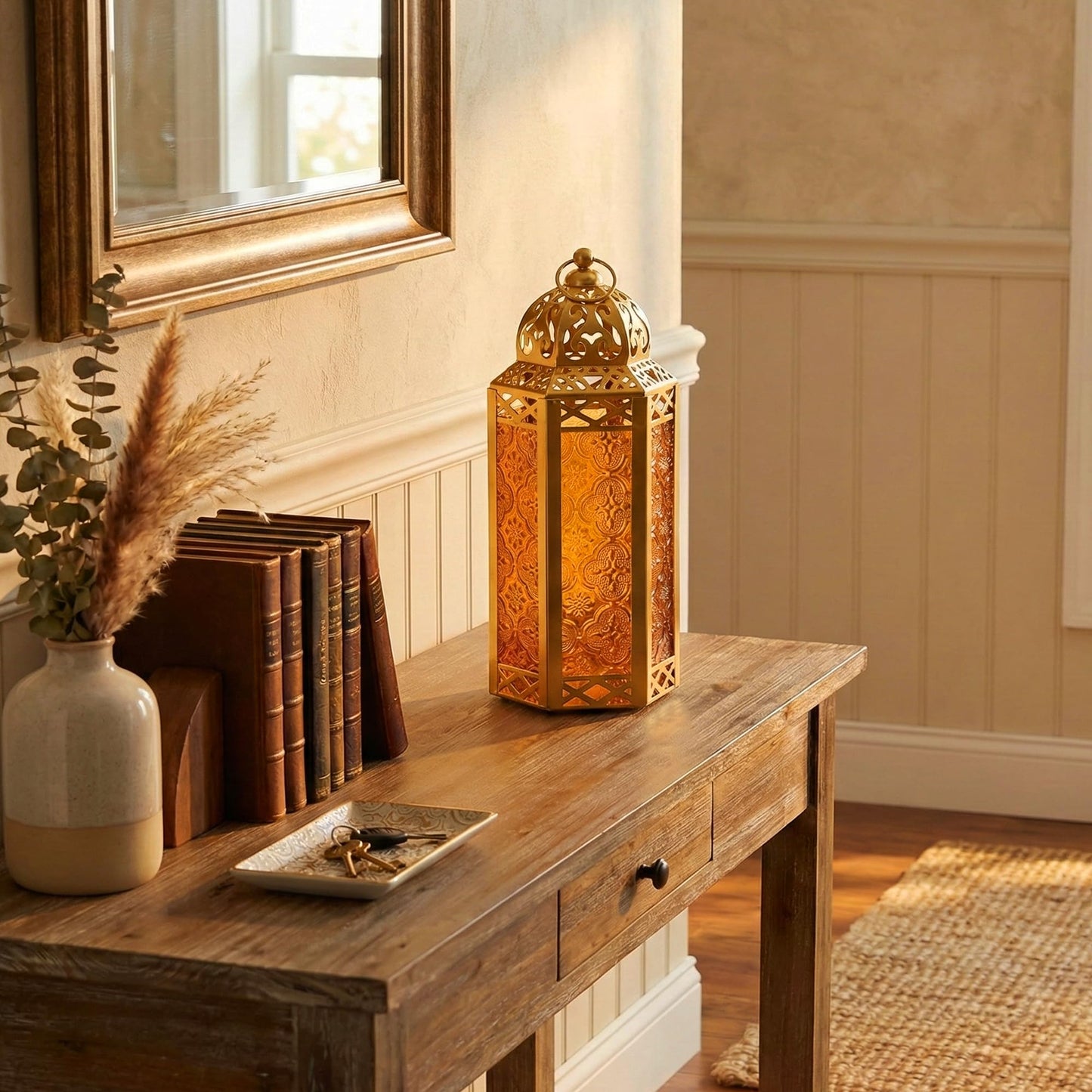 Gold Metal Decorative Moroccan Lantern Candle Holder Lamp - Indoor/Outdoor, Home Decor, Patio, Weddings, Christmas - Gold/Amber Medium - PT08