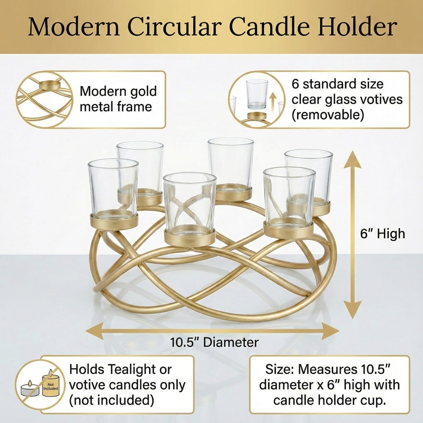 Iron Round Table Decor Centerpiece Decorations Candle Holder for Weddings, Outdoor Patio, Kitchen, Dining Room, and Coffee Tables, Glass Votive Tealight Holders - Gold/Clear 6-Cup - PT03