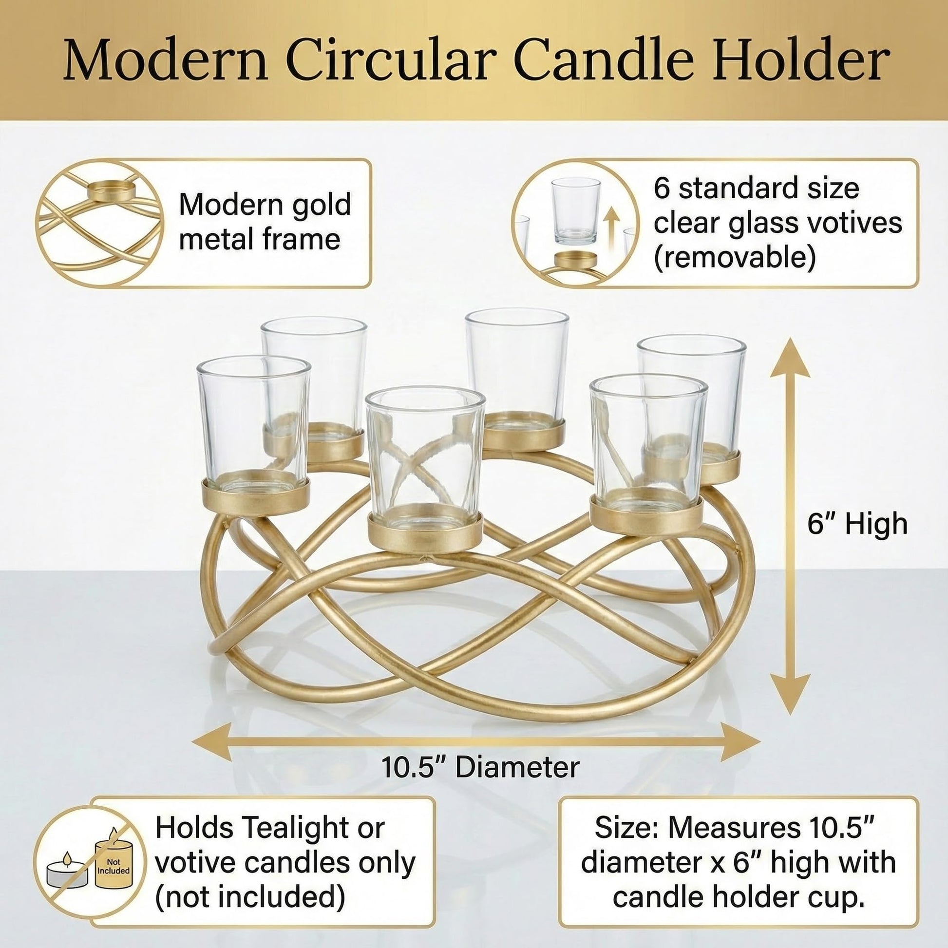 Iron Round Table Decor Centerpiece Decorations Candle Holder for Weddings, Outdoor Patio, Kitchen, Dining Room, and Coffee Tables, Glass Votive Tealight Holders - Gold/Clear 6-Cup - PT03