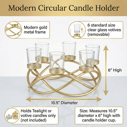 Iron Round Table Decor Centerpiece Decorations Candle Holder for Weddings, Outdoor Patio, Kitchen, Dining Room, and Coffee Tables, Glass Votive Tealight Holders - Gold/Clear 6-Cup - PT03