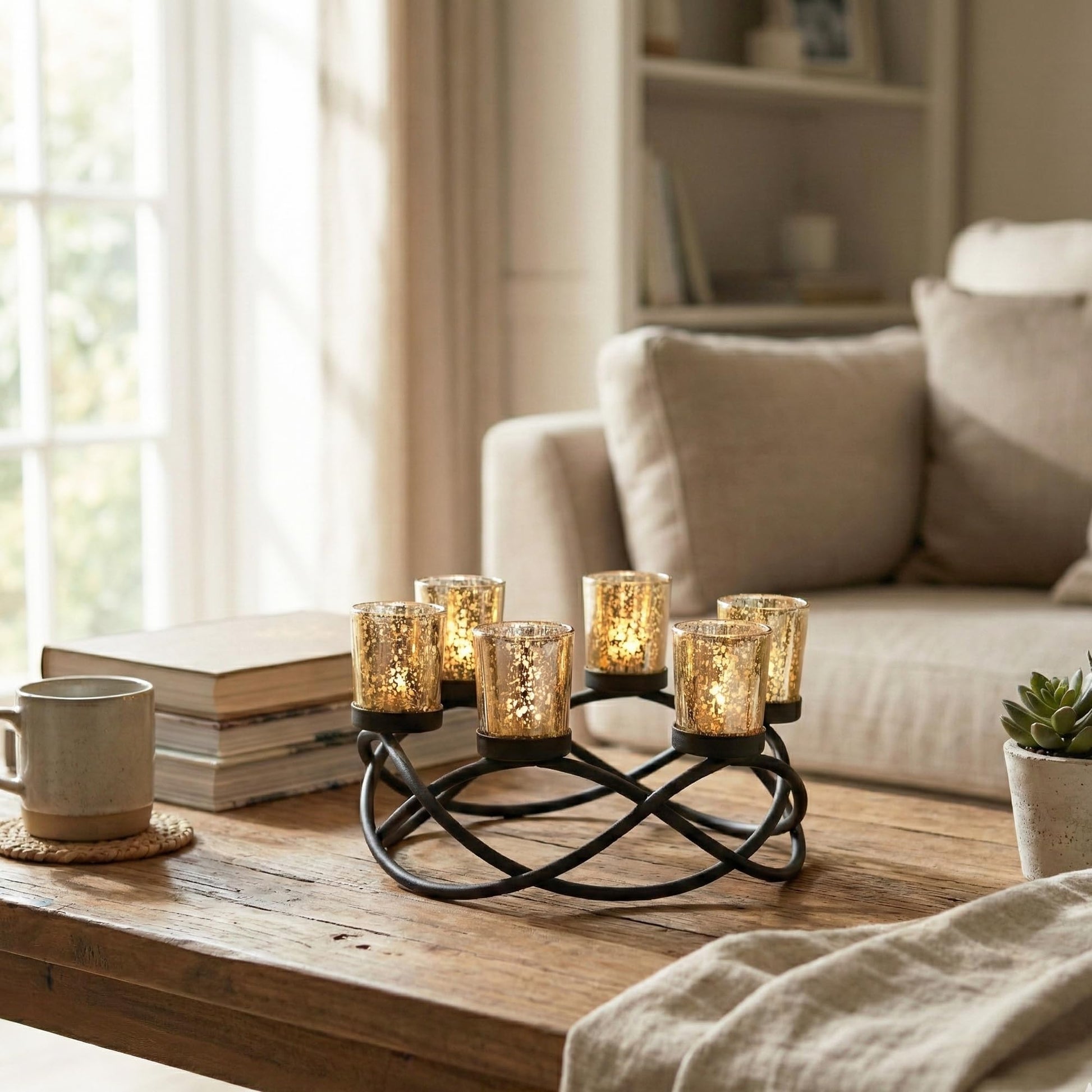 Iron Round Table Decor Centerpiece Decorations Candle Holder for Weddings, Outdoor Patio, Kitchen, Dining Room, and Coffee Tables, Glass Votive Tealight Holders - Black/Gold 6-Cup - PT04