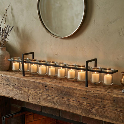 10-Cup Rustic Modern Floating Candle Holder Table Centerpiece Decoration for Dining Room, Kitchen, Patio, Weddings, Metal Iron with Glass Cups, 33" Extra Long - Black With Gold Brush 10-Cup - PT08