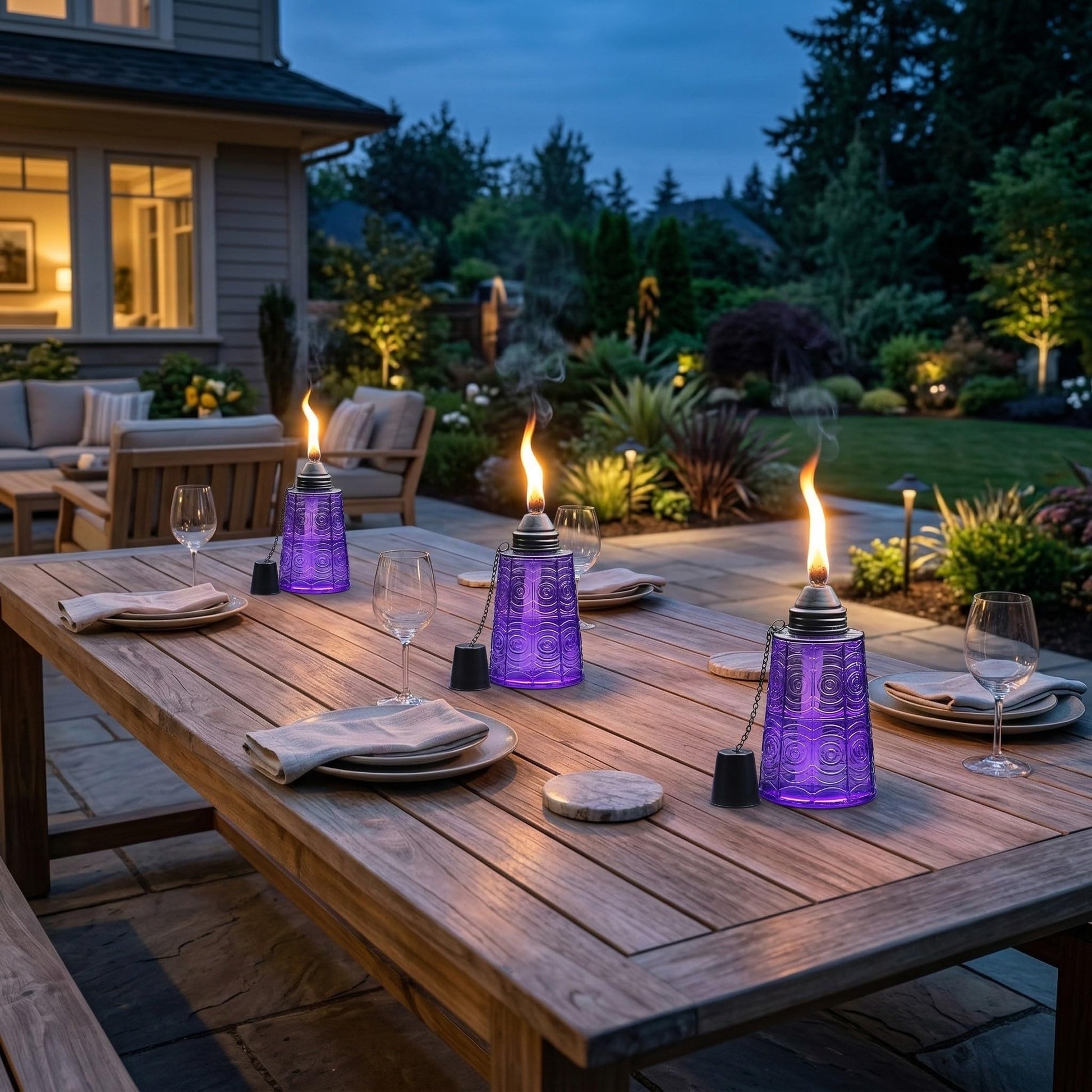 Citronella Table Top Torches for Outdoor Patio, 16oz Decorative Glass Torch Citronella Candles for Outside Deck, Garden, Parties, Set of 3, Purple - Purple - PT07