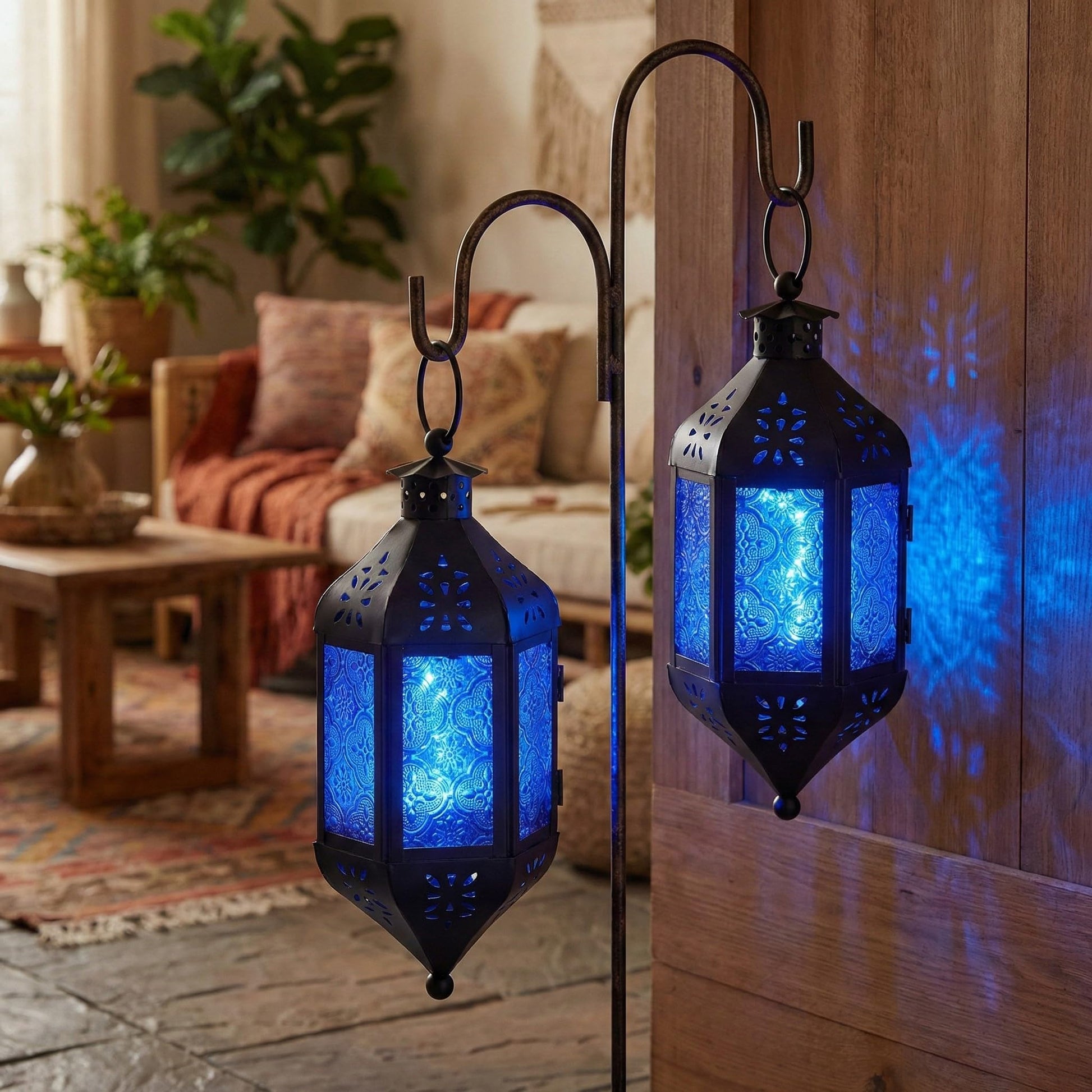 Hanging Moroccan Decorative Candle Lantern Holders for Outdoor Décor - Cobalt Blue Hanging - PT08
