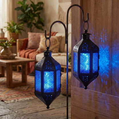 Hanging Moroccan Decorative Candle Lantern Holders for Outdoor Décor - Cobalt Blue Hanging - PT08