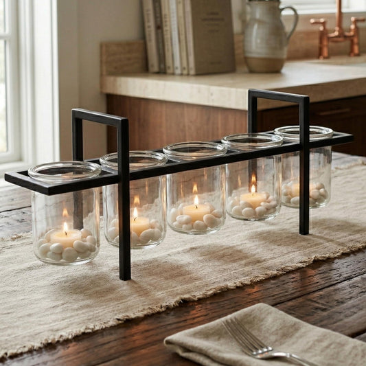 5-Cup Rustic Modern Floating Candle Holder Table Centerpiece Decoration for Dining Room, Kitchen, Patio, Weddings, Metal Iron with Glass Cups, 16" Long - Black 5-cup - MAIN