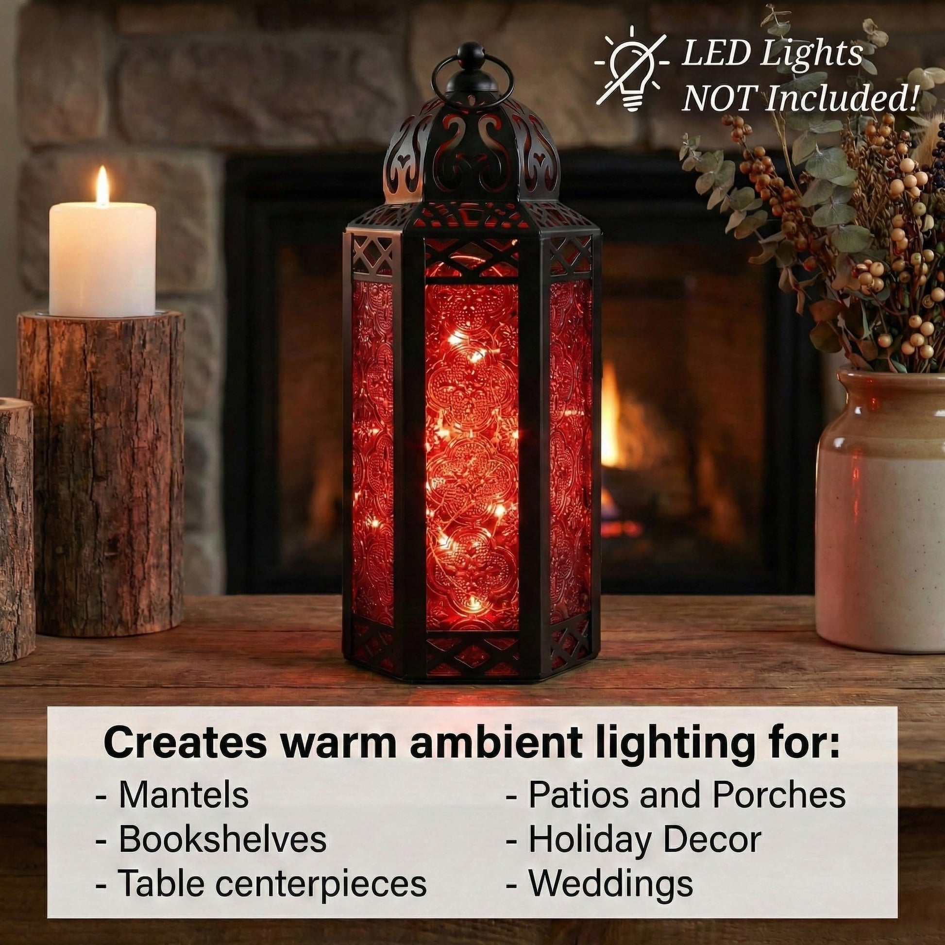 Black Metal Decorative Moroccan Lantern Candle Holder Lamp - Indoor/Outdoor, Home Decor, Patio, Weddings, Christmas - Red Medium - PT01