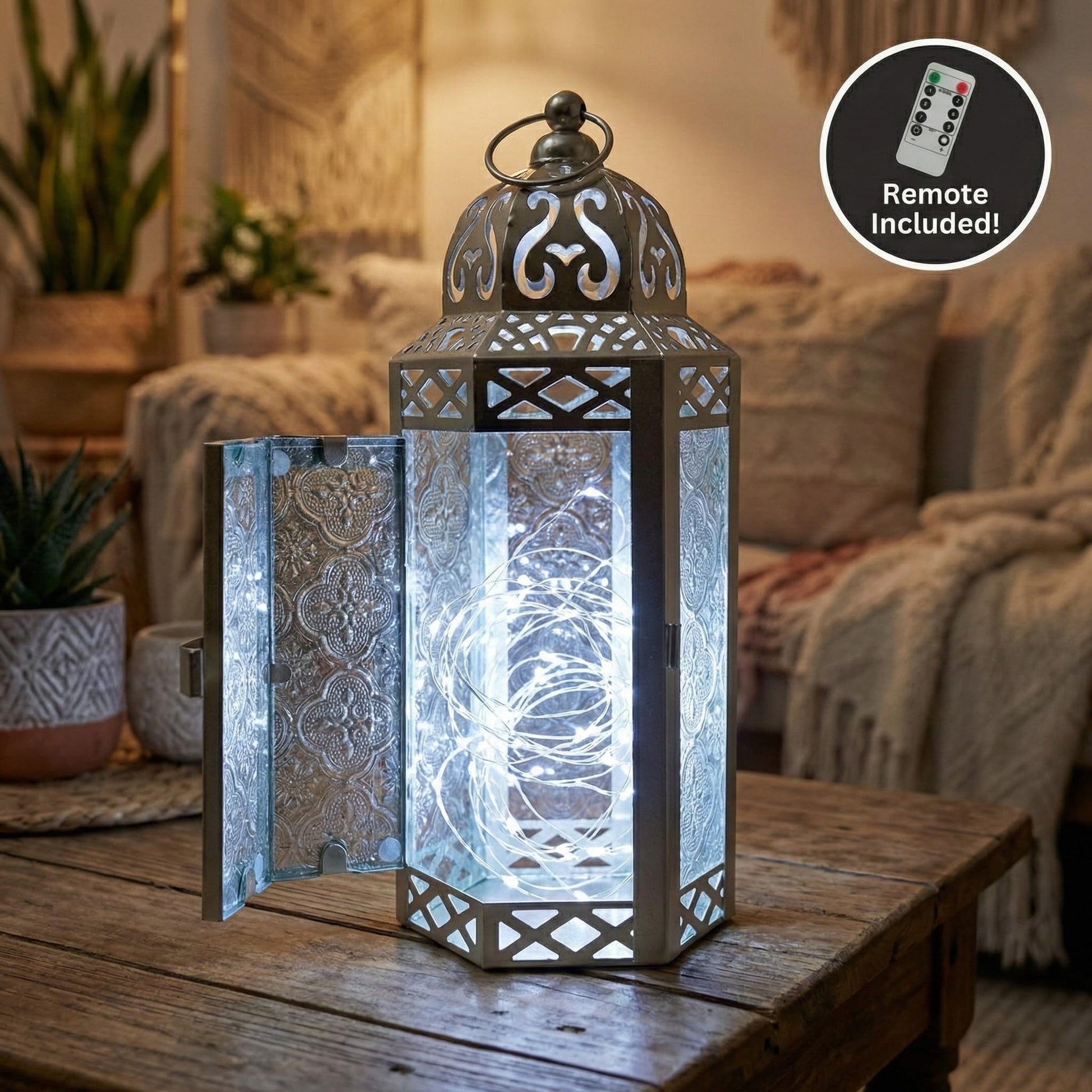 Metal Moroccan Decorative LED Fairy Lights Candle Lantern Holders for Indoor Home Fantasy Decor, Table Centerpieces, Outdoor Patio or Porch, Weddings, Medium - White Gold Medium - PT05