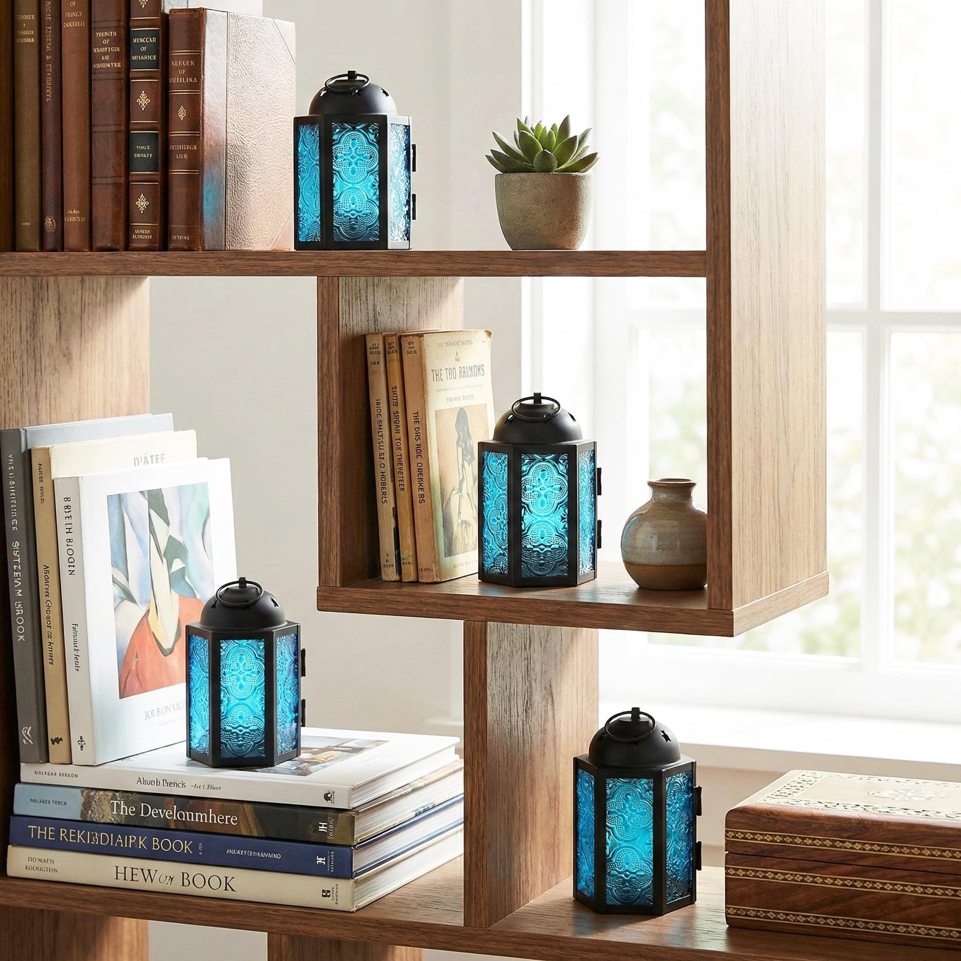 Mini Moroccan Tea Light Candle Holder Lanterns – 4.25" Small Decorative Lantern for Table or Hanging, Metal with Glass Panels – Ramadan, Wedding, Home Decor, Aq - Aqua Blue 4 - PT01