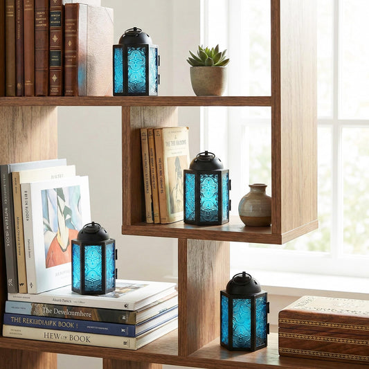 Mini Moroccan Tea Light Candle Holder Lanterns – 4.25" Small Decorative Lantern for Table or Hanging, Metal with Glass Panels – Ramadan, Wedding, Home Decor, Aq - Aqua Blue 4 - PT01