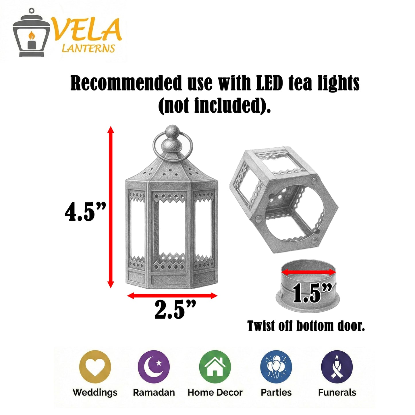 6pc Mini Small 4.5 Inch Metal Moroccan Lanterns Decorative Candle Tealight Holders for Centerpieces, Ramadan, Home Decor, Weddings, Silver - Silver Set of 6 - PT03