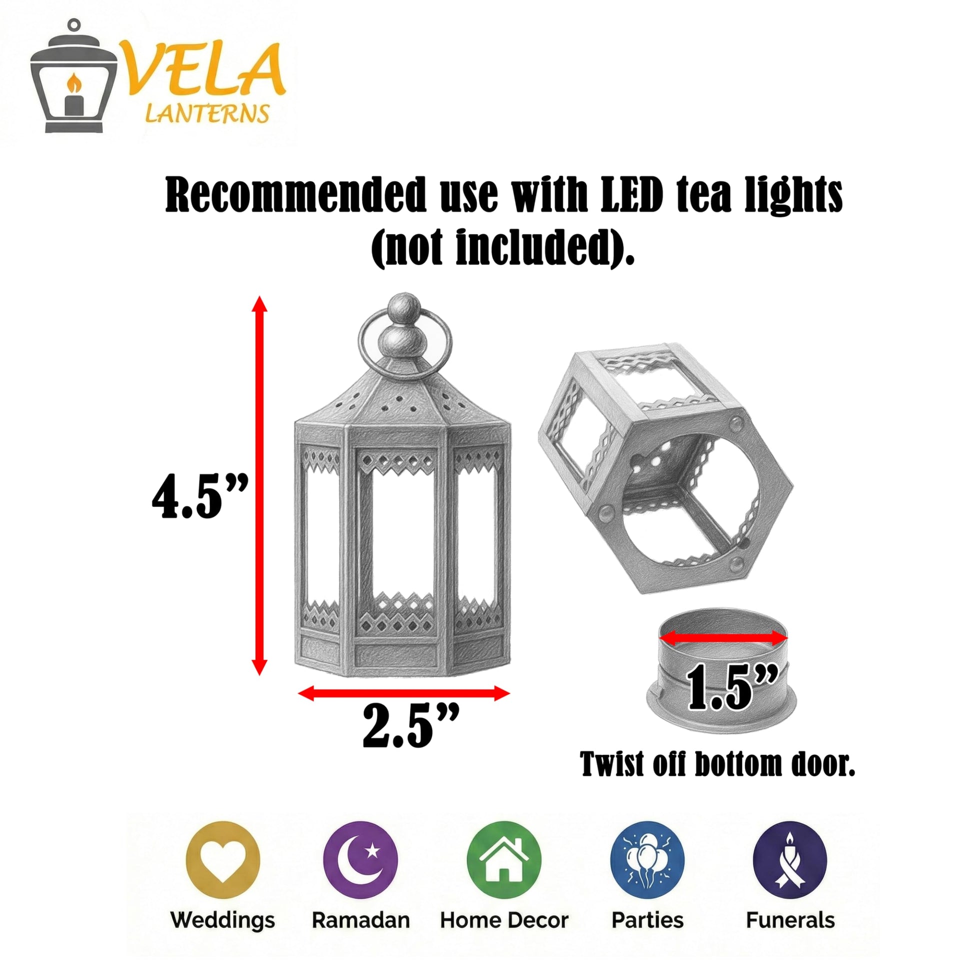 6pc Mini Small 4.5 Inch Metal Moroccan Lanterns Decorative Candle Tealight Holders for Centerpieces, Ramadan, Home Decor, Weddings, Black - Black Set of 6 - PT03