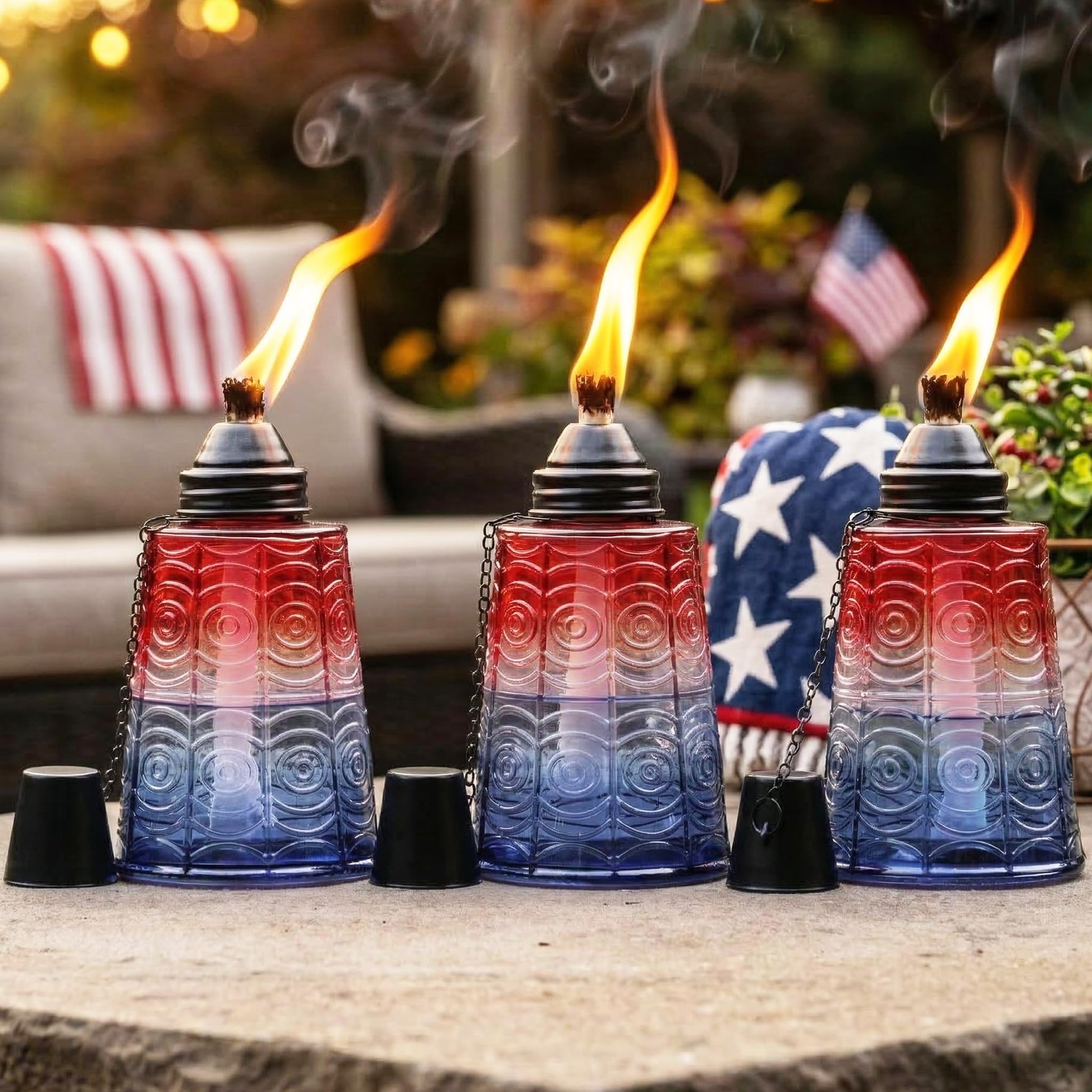 Citronella Table Top Torches for Outdoor Patio, 16oz Decorative Glass Torch Citronella Candles for Outside Deck, Garden, Parties, Set of 3, Red/White/Blue - Red/White/Blue - MAIN