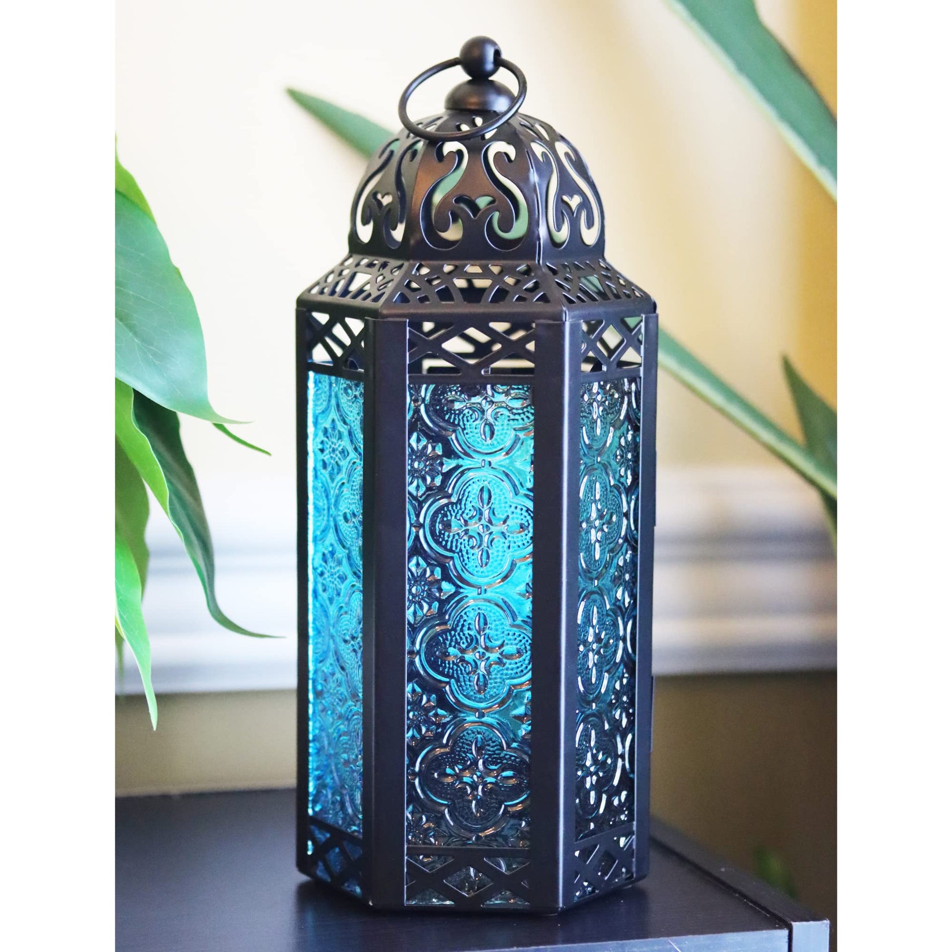 10.5" Moroccan Lamp Lantern Decorative Candle Holder for Indoor Outdoor Home Decor, Patio, Weddings, Ramadan Decorations, Blue/Amber/Green, Medium, Set of 3 - Blue/Amber/Green Medium - PT01
