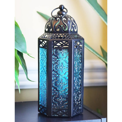 10.5" Moroccan Lamp Lantern Decorative Candle Holder for Indoor Outdoor Home Decor, Patio, Weddings, Ramadan Decorations, Blue/Amber/Green, Medium, Set of 3 - Blue/Amber/Green Medium - PT01