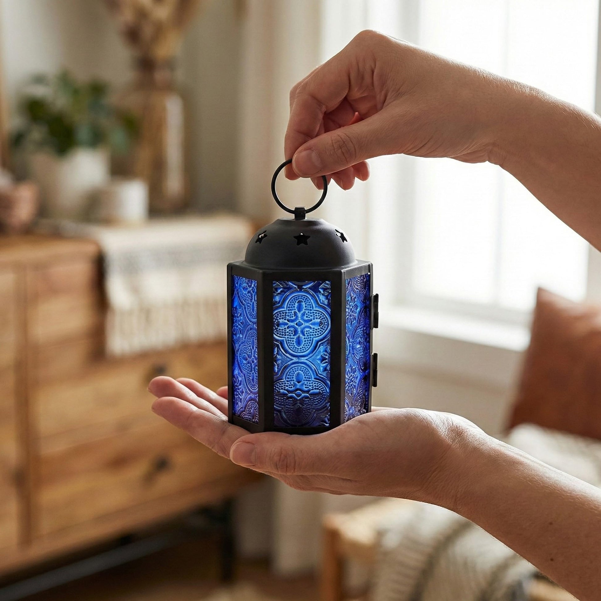 Mini Moroccan Tea Light Candle Holder Lanterns – 4.25" Small Decorative Lantern for Table or Hanging, Metal with Glass Panels – Ramadan, Wedding, Home Decor, Co - Cobalt Blue 4 - PT05