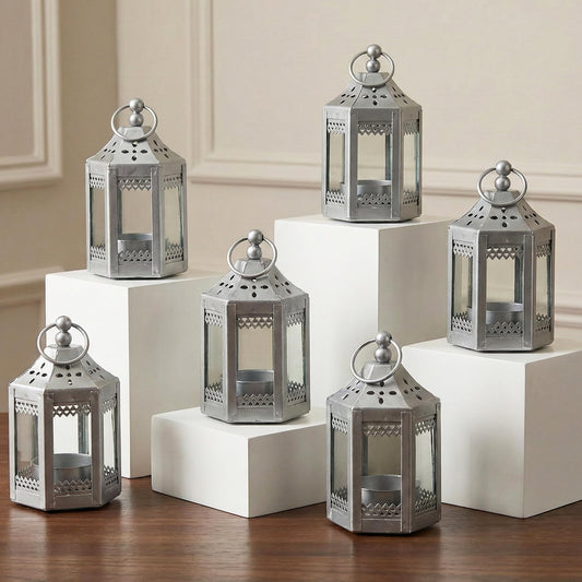 6pc Mini Small 4.5 Inch Metal Moroccan Lanterns Decorative Candle Tealight Holders for Centerpieces, Ramadan, Home Decor, Weddings, Silver - Silver Set of 6 - MAIN