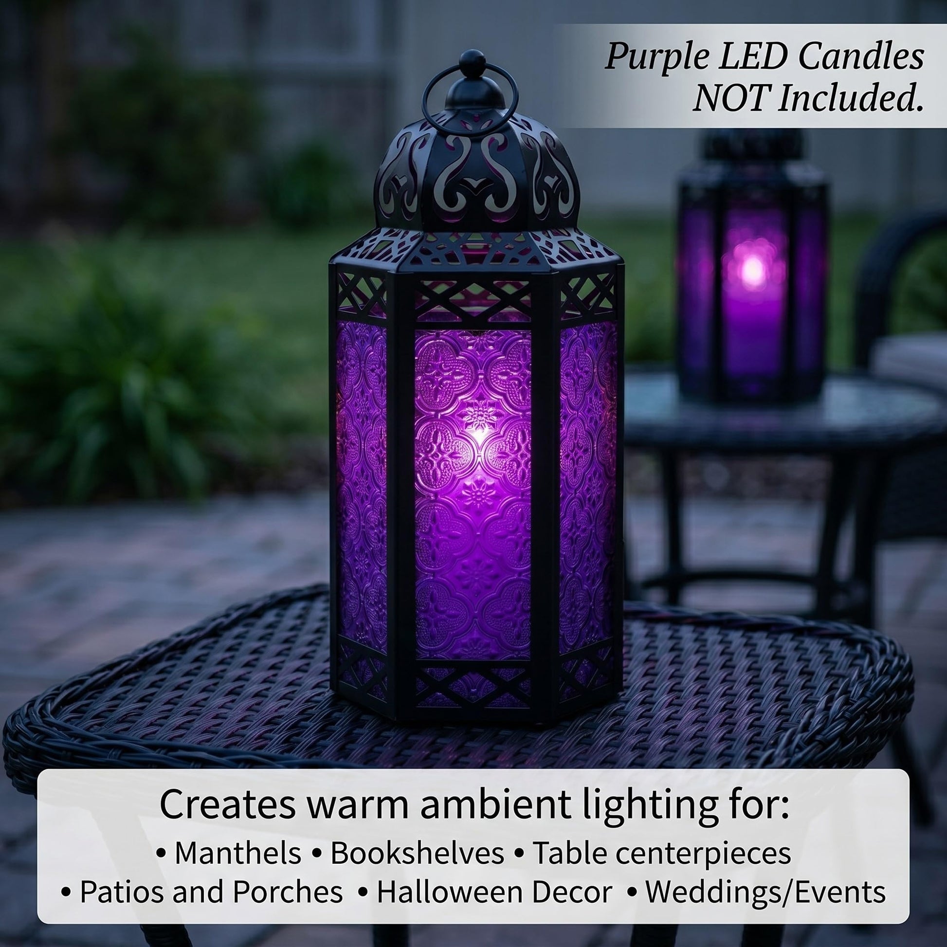 Black Metal Decorative Moroccan Lantern Candle Holder Lamp - Indoor/Outdoor, Home Decor, Patio, Weddings, Christmas - Purple Large - PT03