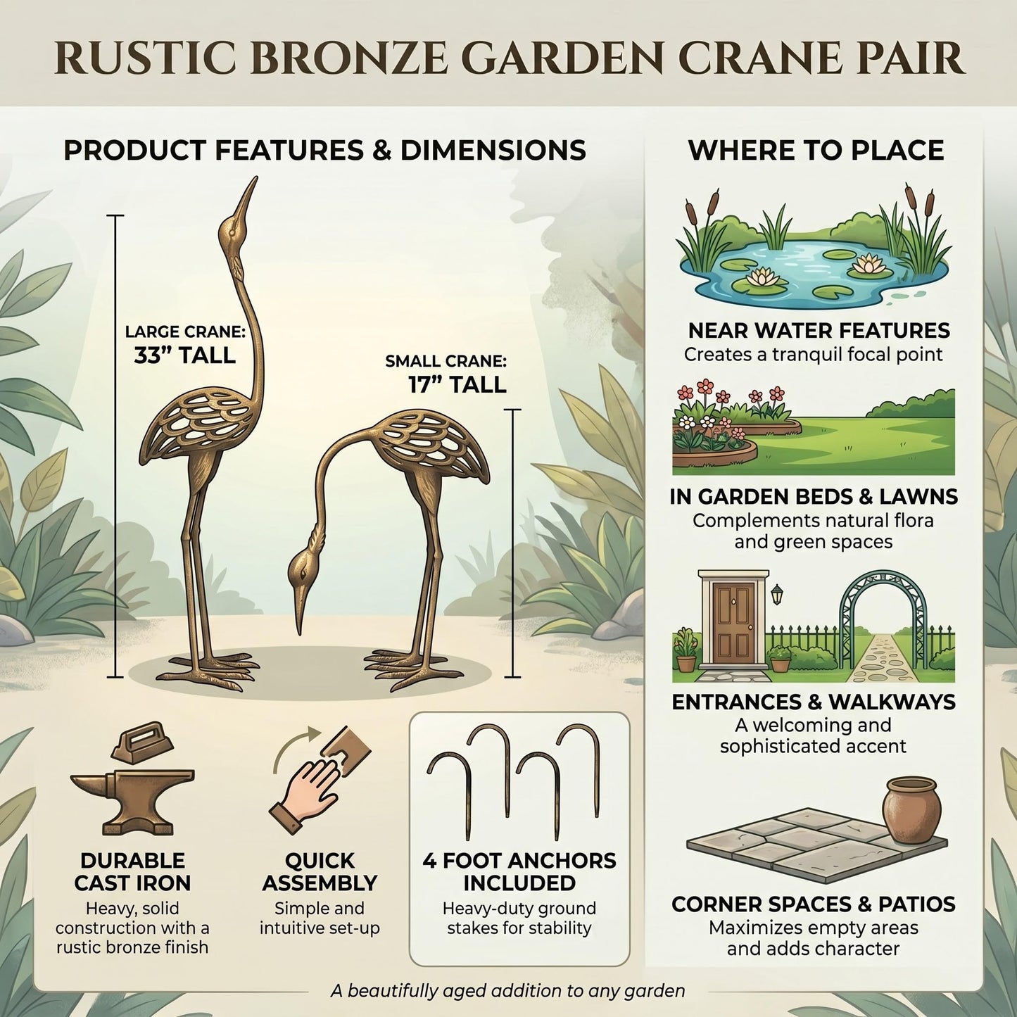 Cast Iron Metal Crane/Heron Bird Garden Sculptures Statues for Indoor or Outdoor Lawn Decor, Rustic Bronze, Set of 2 - Rustic Bronze Garden Crane Set of 2 - PT03