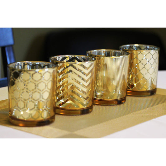 Glass Votive Tealight Candle Holders in Bulk for Table Centerpiece Wedding Decor, Gold, 2.75" Tall, Set of 12 - Assorted Gold Regular - PT01