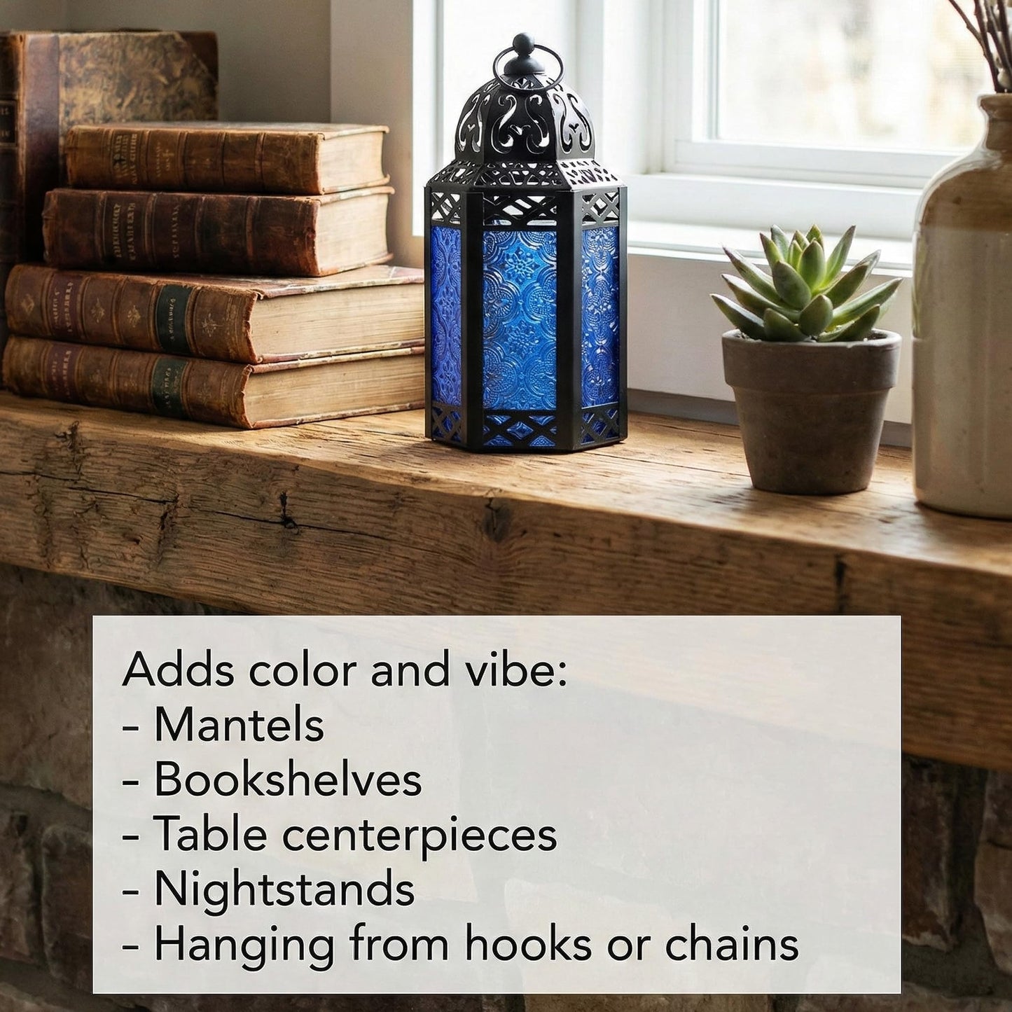 Black Metal Decorative Moroccan Lantern Candle Holder Lamp - Indoor/Outdoor, Home Decor, Patio, Weddings, Christmas - Cobalt Small - PT02