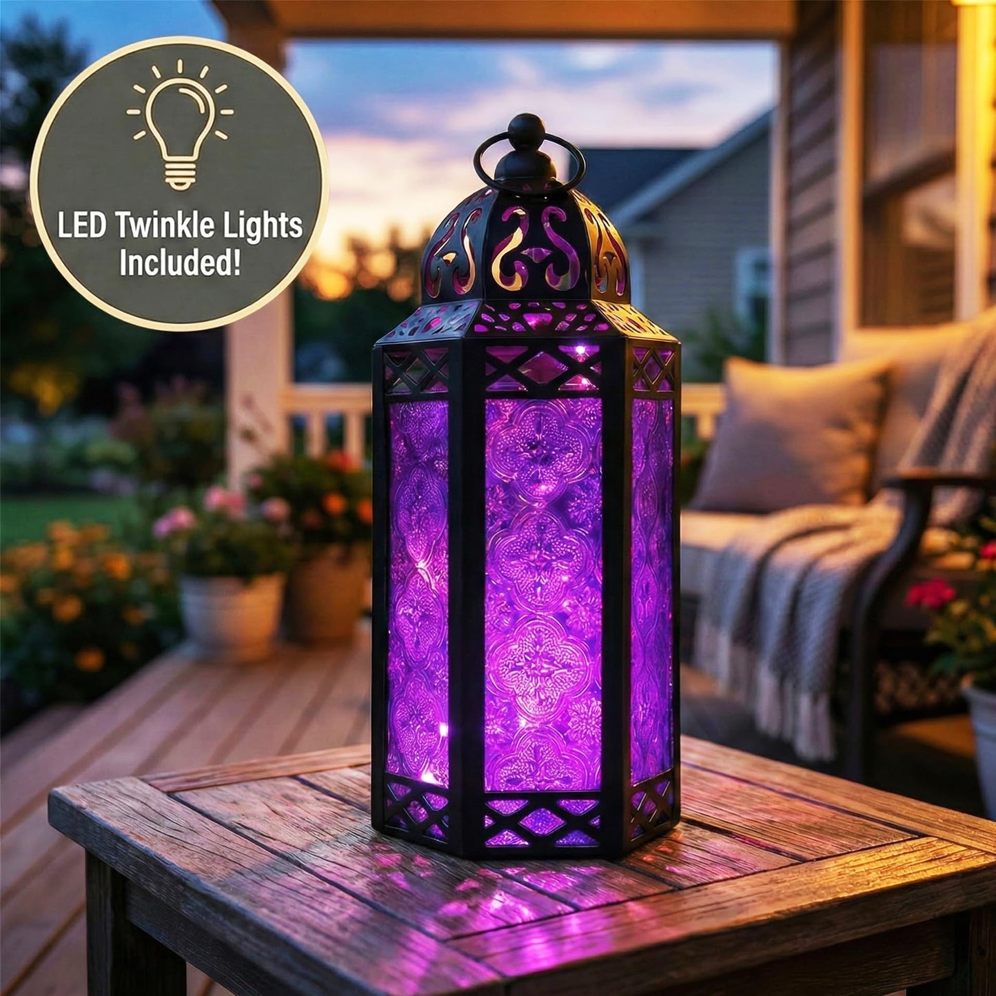 Metal Moroccan Decorative LED Fairy Lights Candle Lantern Holders for Indoor Home Fantasy Decor, Table Centerpieces, Outdoor Patio or Porch, Weddings, Medium - Purple Medium - PT01
