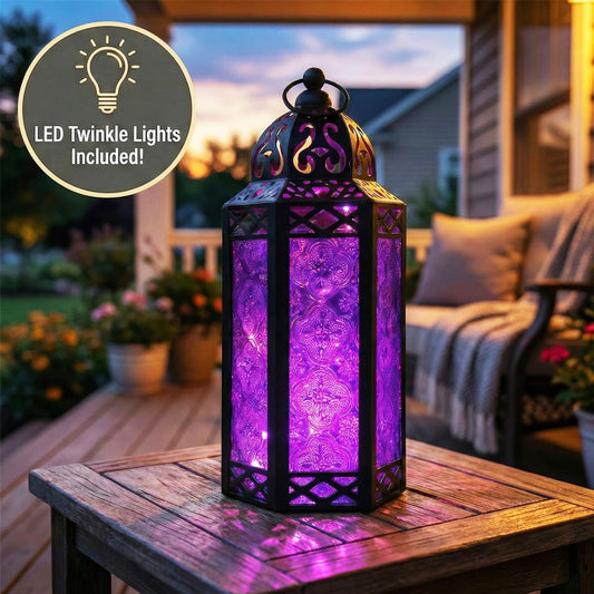 Metal Moroccan Decorative LED Fairy Lights Candle Lantern Holders for Indoor Home Fantasy Decor, Table Centerpieces, Outdoor Patio or Porch, Weddings, Medium - Purple Medium - PT01