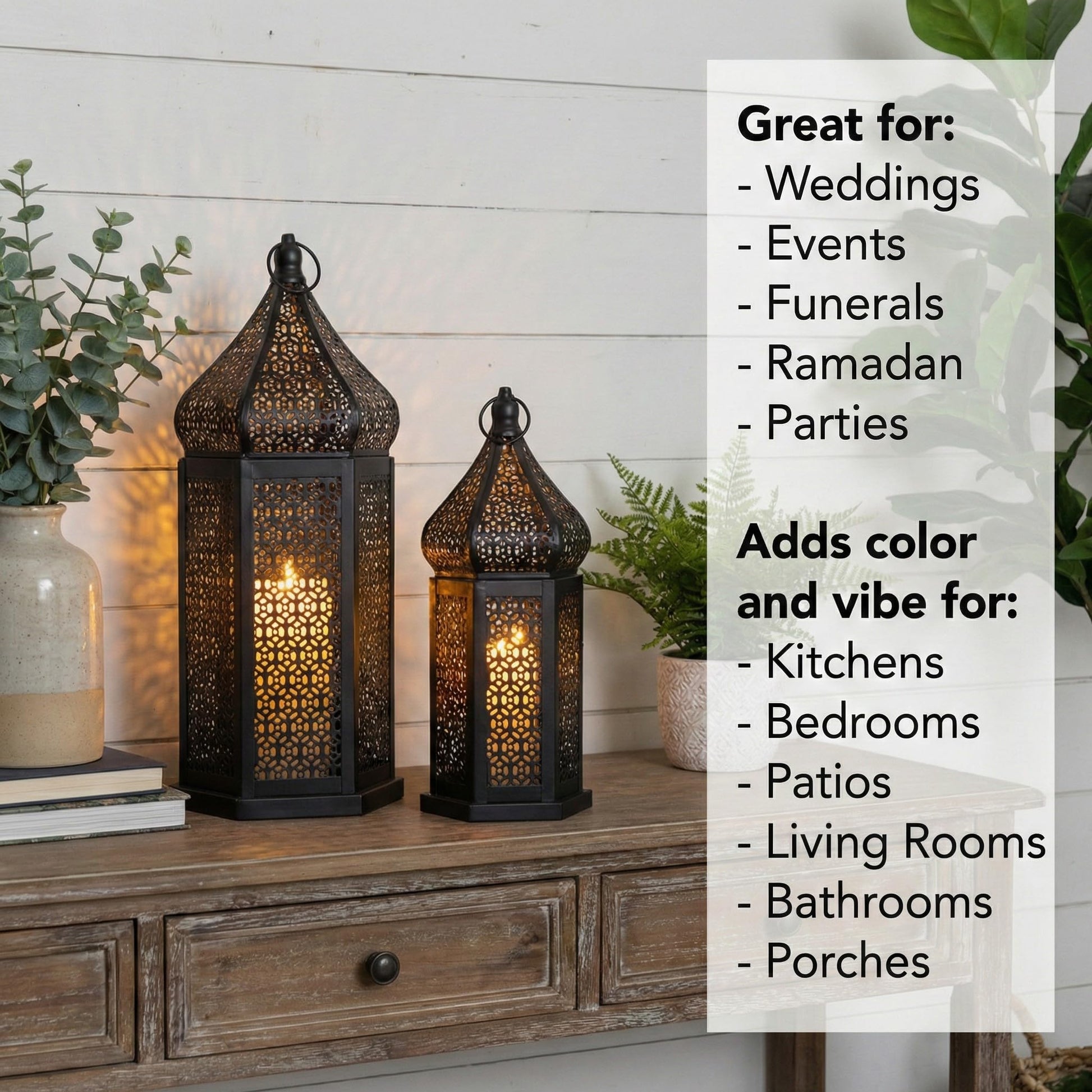 Tower Temple Moroccan Lantern Lamp Decorative Candle Holders - Black Set of 2 - PT01