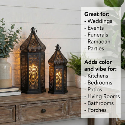 Tower Temple Moroccan Lantern Lamp Decorative Candle Holders - Black Set of 2 - PT01