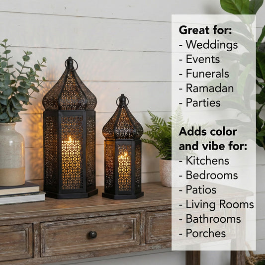 Tower Temple Moroccan Lantern Lamp Decorative Candle Holders - Black Set of 2 - PT01