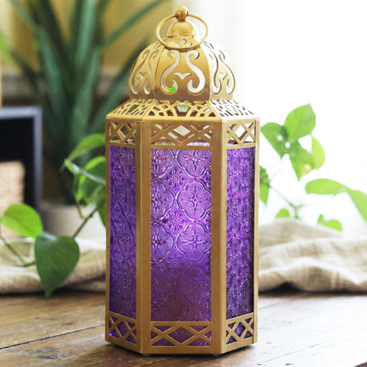 Gold Metal Decorative Moroccan Lantern Candle Holder Lamp - Indoor/Outdoor, Home Decor, Patio, Weddings, Christmas - Gold/Purple Large - MAIN