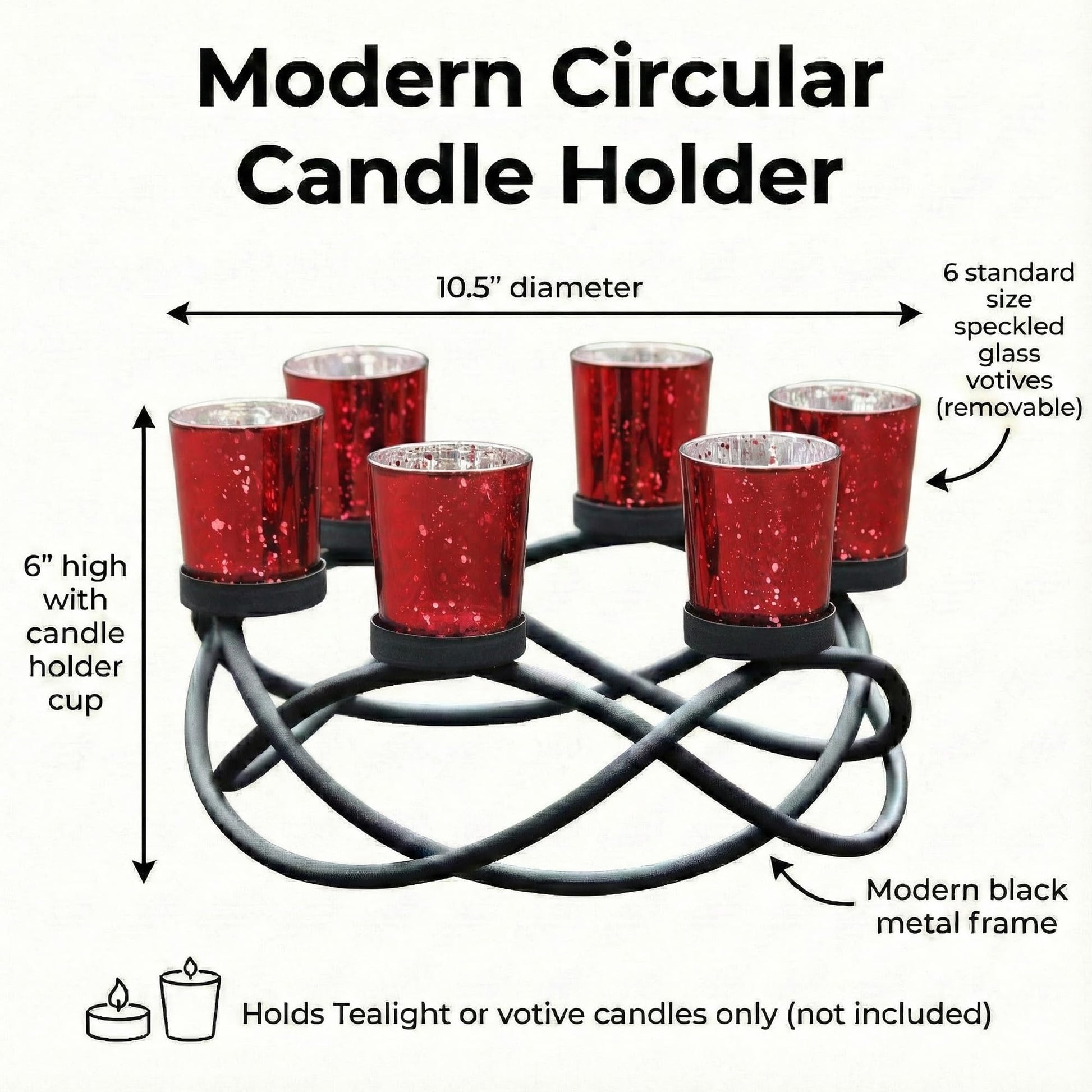 Iron Round Votive Tealight Candle Holder Centerpiece for Halloween and Christmas Decorations - Table Decor for Weddings, Outdoor Patio, Kitchen, and Coffee Tabl - Black/Red circular - PT03