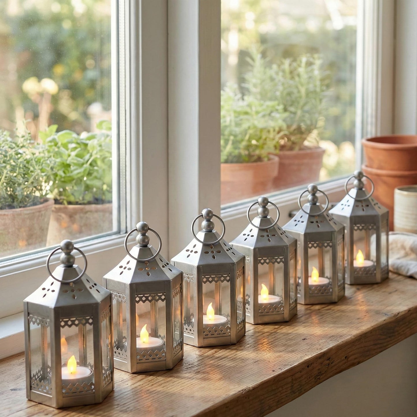 6pc Mini Small 4.5 Inch Metal Moroccan Lanterns Decorative Candle Tealight Holders for Centerpieces, Ramadan, Home Decor, Weddings, Silver - Silver Set of 6 - PT07