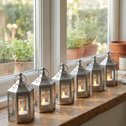 6pc Mini Small 4.5 Inch Metal Moroccan Lanterns Decorative Candle Tealight Holders for Centerpieces, Ramadan, Home Decor, Weddings, Silver - Silver Set of 6 - PT07