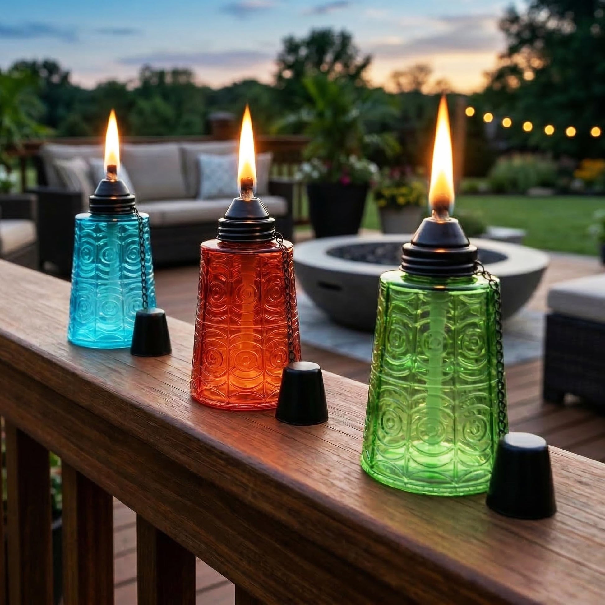 Citronella Table Top Torches for Outdoor Patio, 16oz Decorative Glass Torch Citronella Candles for Outside Deck, Garden, Parties, Set of 3, Blue/Amber/Green - Blue/Amber/Green - PT01