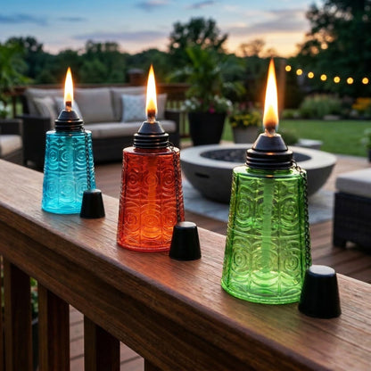 Citronella Table Top Torches for Outdoor Patio, 16oz Decorative Glass Torch Citronella Candles for Outside Deck, Garden, Parties, Set of 3, Blue/Amber/Green - Blue/Amber/Green - PT01