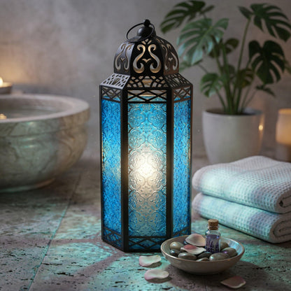 Black Metal Decorative Moroccan Lantern Candle Holder Lamp - Indoor/Outdoor, Home Decor, Patio, Weddings, Christmas - Blue Extra Large - PT08