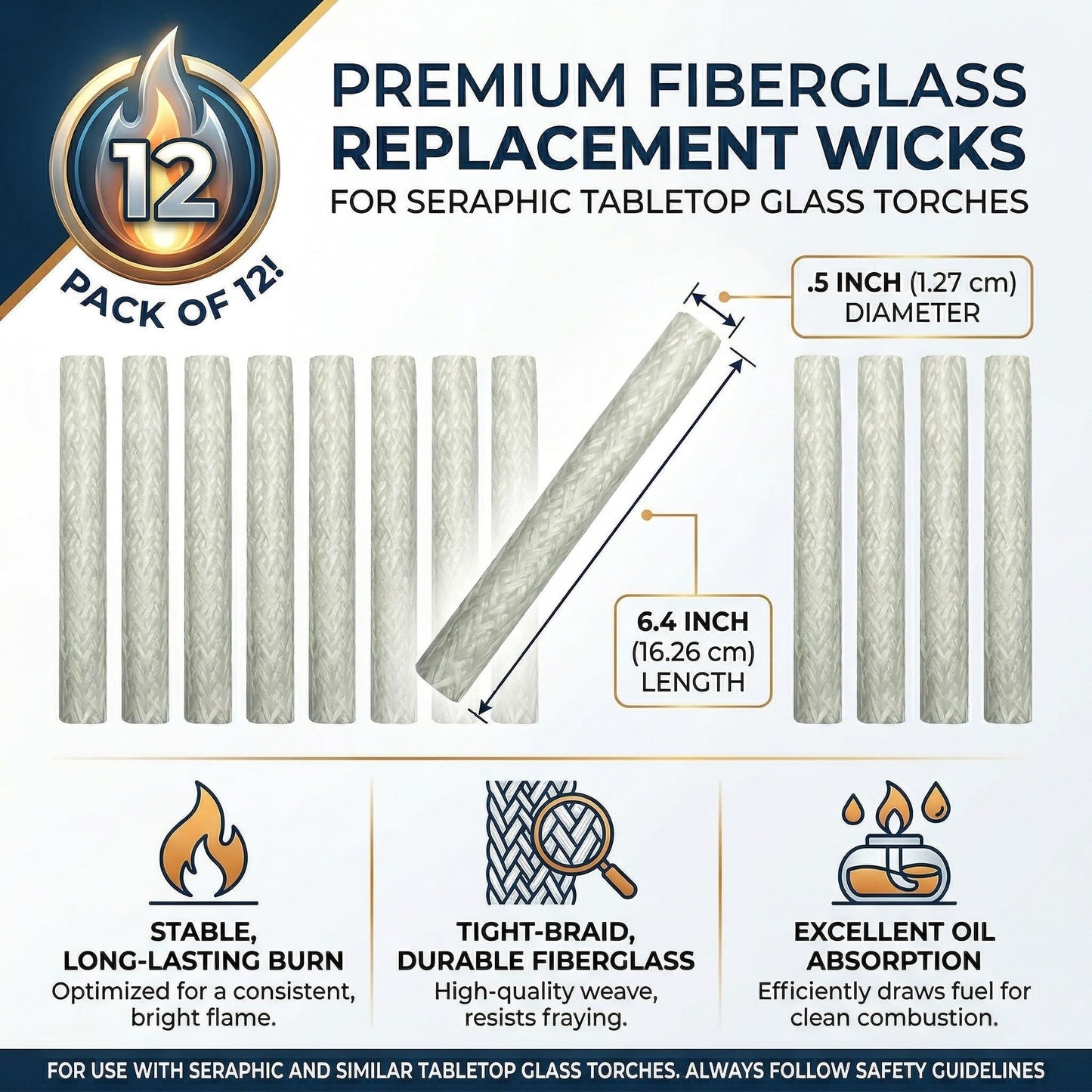 6 inch Fiberglass Replacment Wicks for Outside Glass Torches - Citronella Oil Lamp Burner 16oz Table Top Torch for Patio, Garden, Deck, and Outdoor Parties, Set - Pack of 12 - PT01