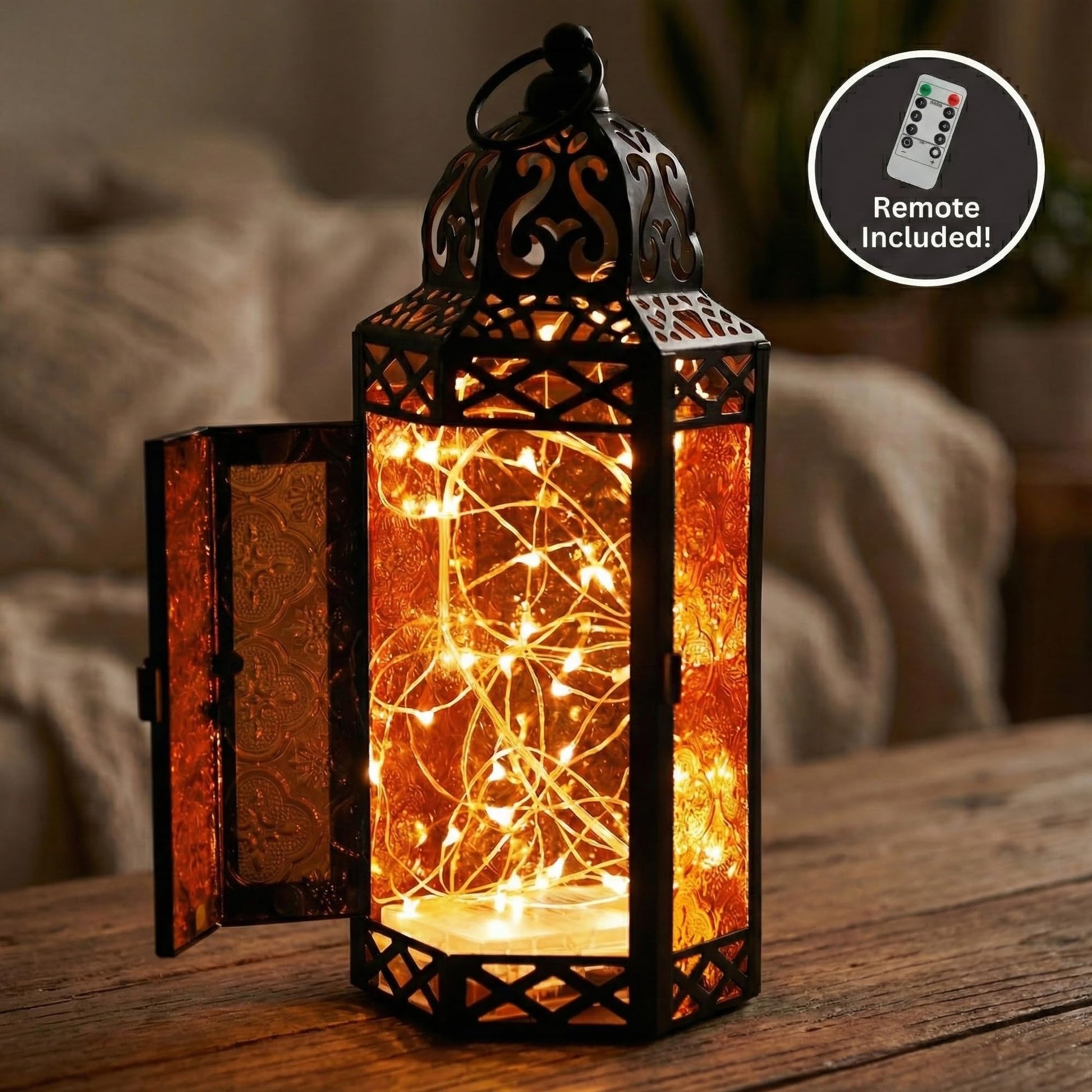 Metal Moroccan Decorative LED Fairy Lights Candle Lantern Holders for Indoor Home Fantasy Decor, Table Centerpieces, Outdoor Patio or Porch, Weddings, Medium - Amber Medium - PT05