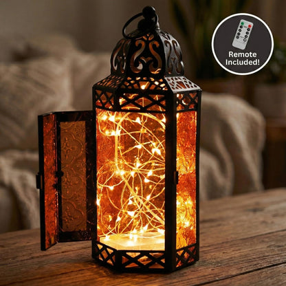 Metal Moroccan Decorative LED Fairy Lights Candle Lantern Holders for Indoor Home Fantasy Decor, Table Centerpieces, Outdoor Patio or Porch, Weddings, Medium - Amber Medium - PT05