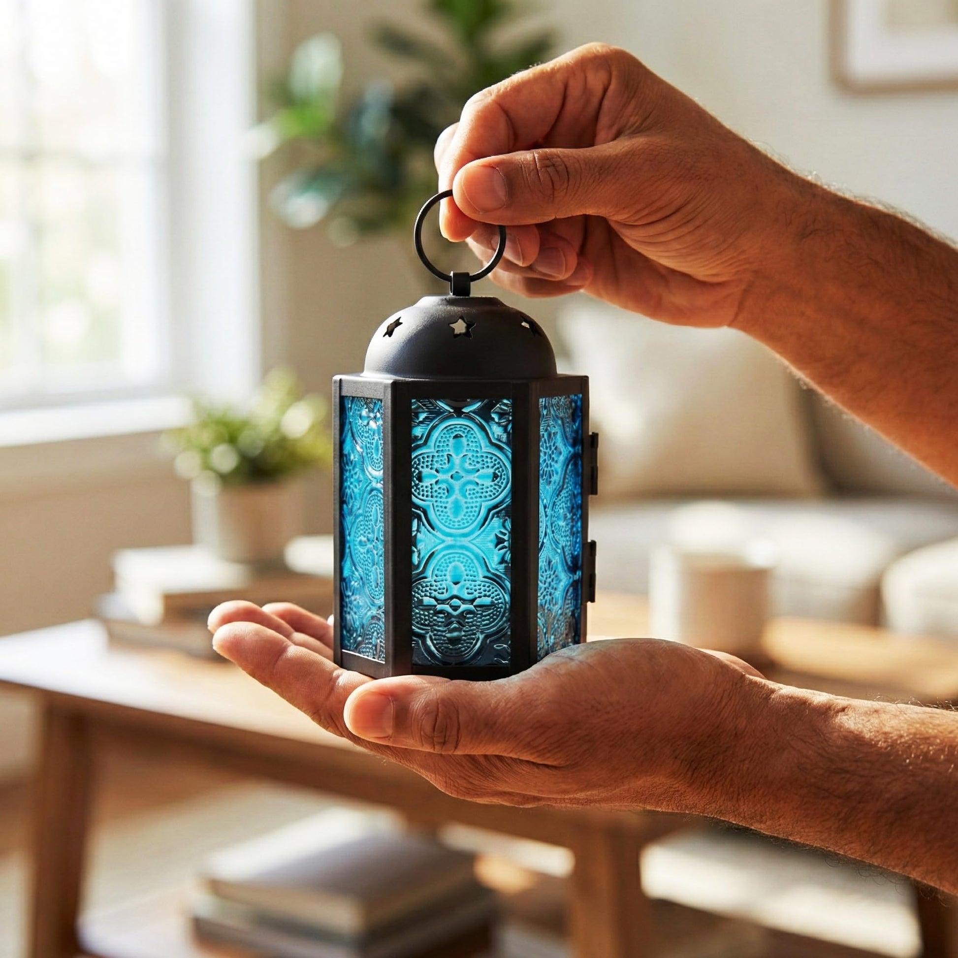 Mini Moroccan Tea Light Candle Holder Lanterns – 4.25" Small Decorative Lantern for Table or Hanging, Metal with Glass Panels – Ramadan, Wedding, Home Decor, Aq - Aqua Blue 4 - PT05
