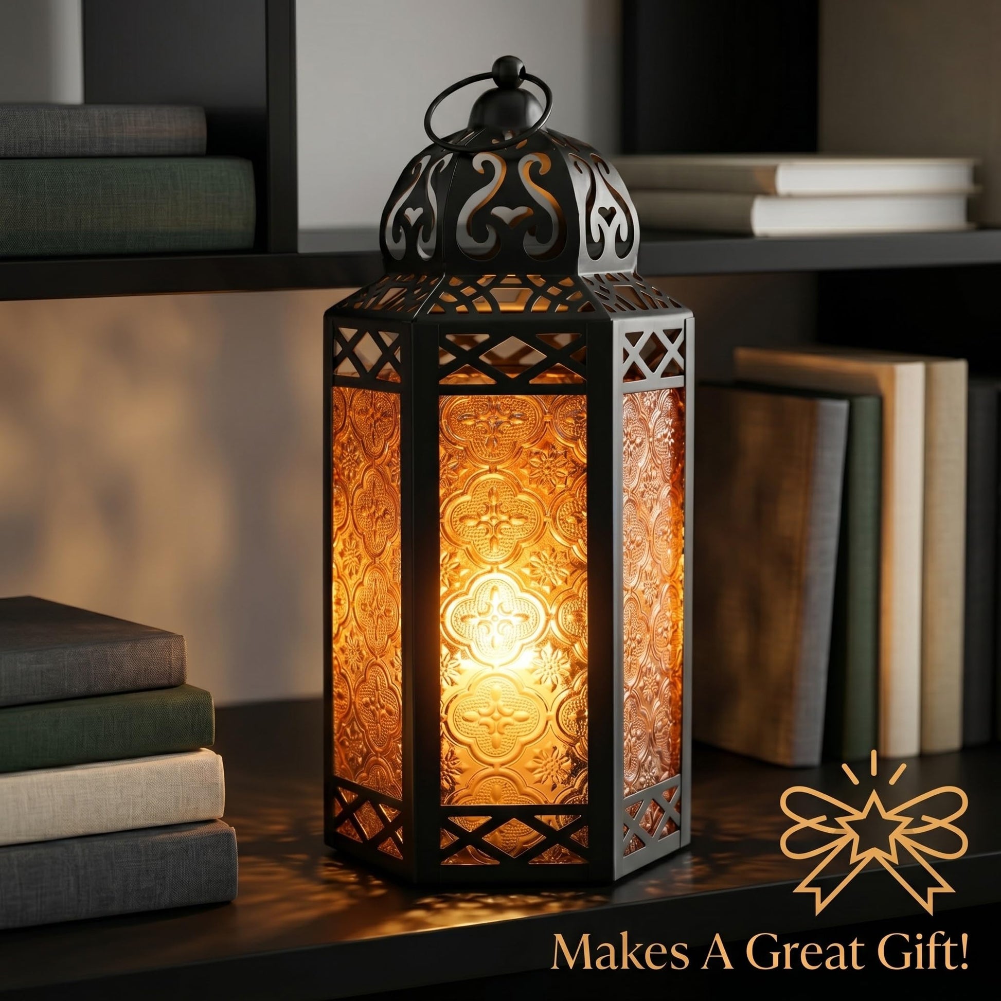 Black Metal Decorative Moroccan Lantern Candle Holder Lamp - Indoor/Outdoor, Home Decor, Patio, Weddings, Christmas - Amber Large - PT04