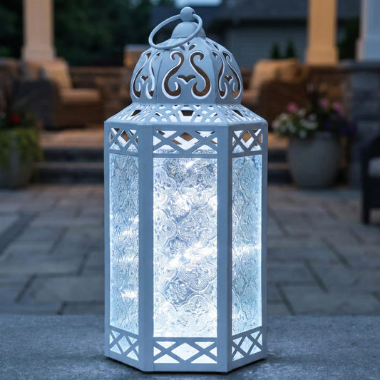 Metal Moroccan Decorative LED Fairy Lights Candle Lantern Holders for Indoor Home Fantasy Decor, Table Centerpieces, Outdoor Patio or Porch, Weddings, Medium - White Large - MAIN