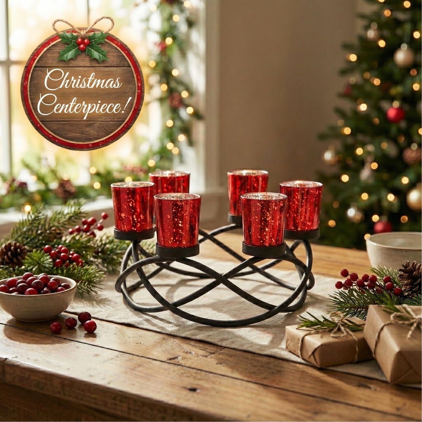 Iron Round Votive Tealight Candle Holder Centerpiece for Halloween and Christmas Decorations - Table Decor for Weddings, Outdoor Patio, Kitchen, and Coffee Tabl - Black/Red circular - PT05